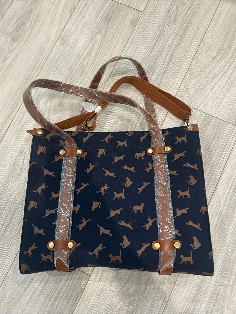 Navy and Brown Cat Print Tote Bag